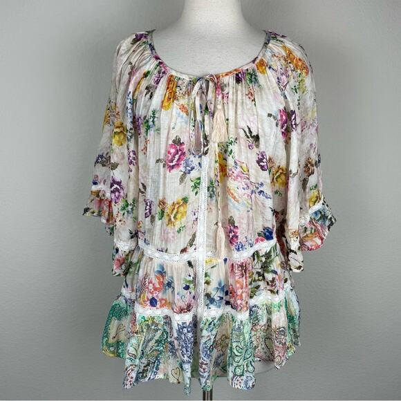 Ruby Ya Ya Off White Multi Floral Lace Peasant Top Medium - Picture 2 of 9